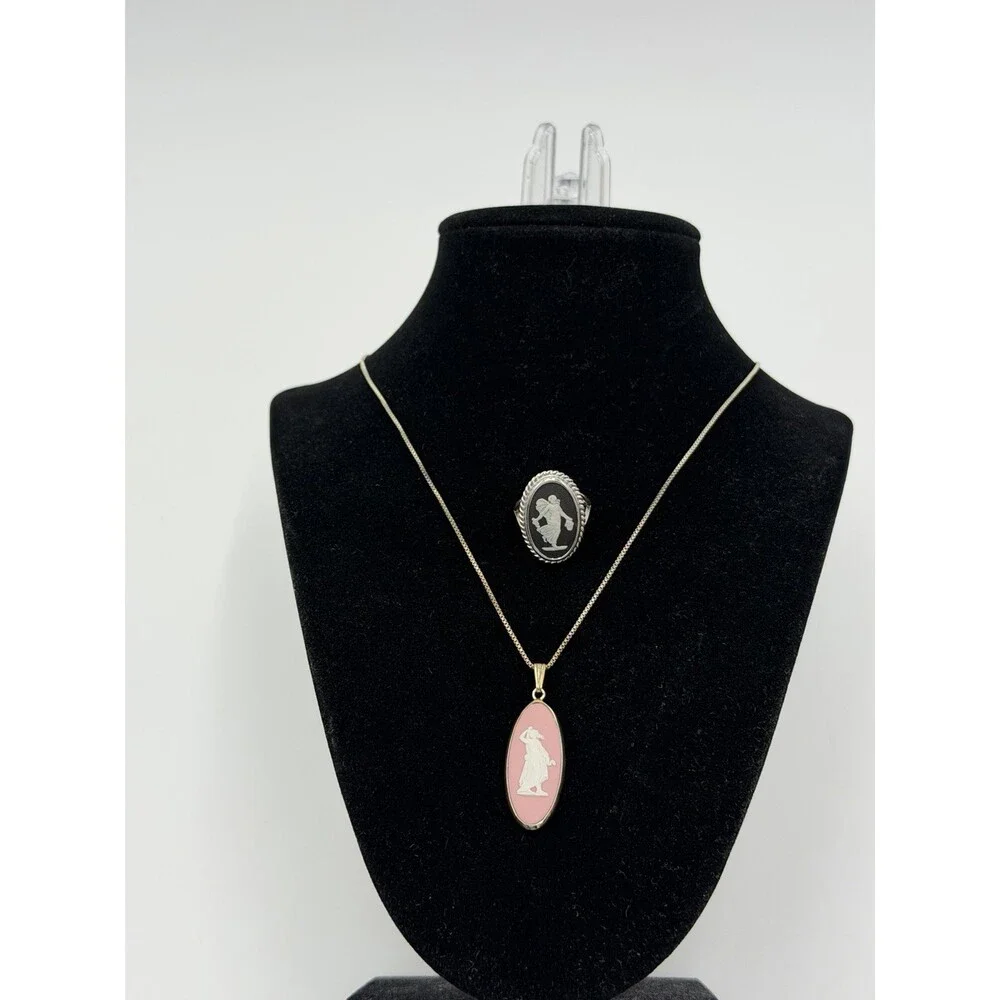 Wedgwood Jasperware Black & Pink Ring Necklace Jewelry Set 2 PCs - Picture 3 of 15